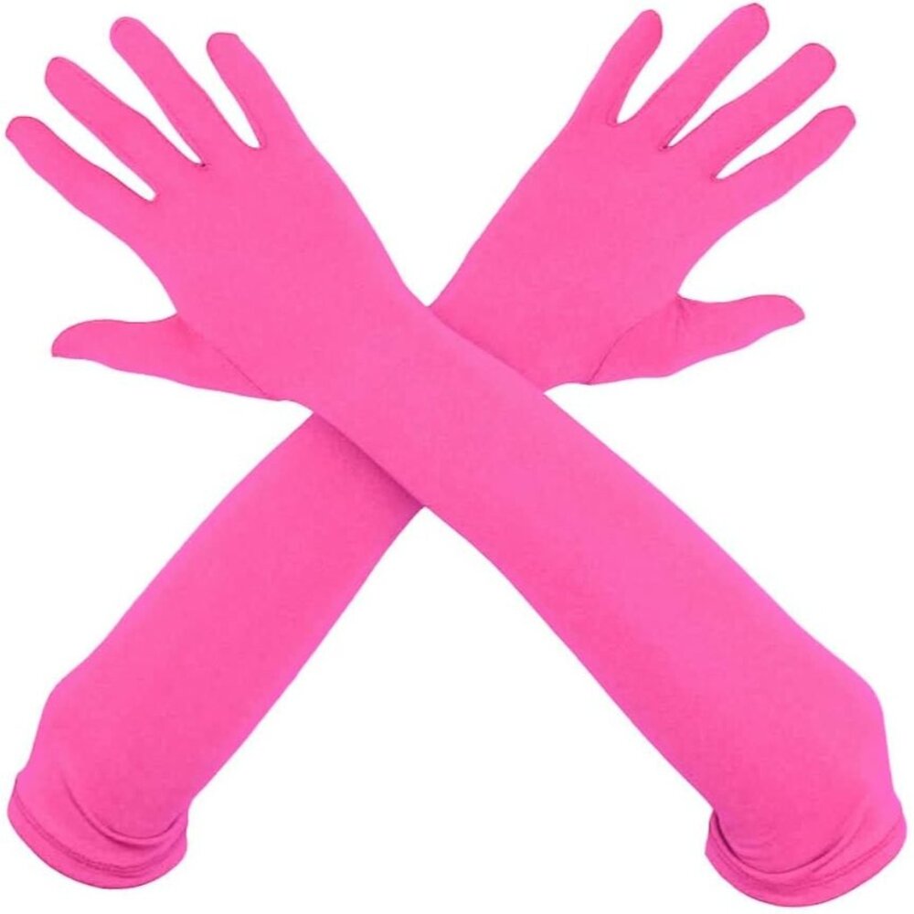 Women's Elbow Length Full Finger Satin Hot Pink Gloves Stretchy Party Costume